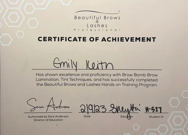 Beautiful Brows and Lashes certificate for Emily Keith